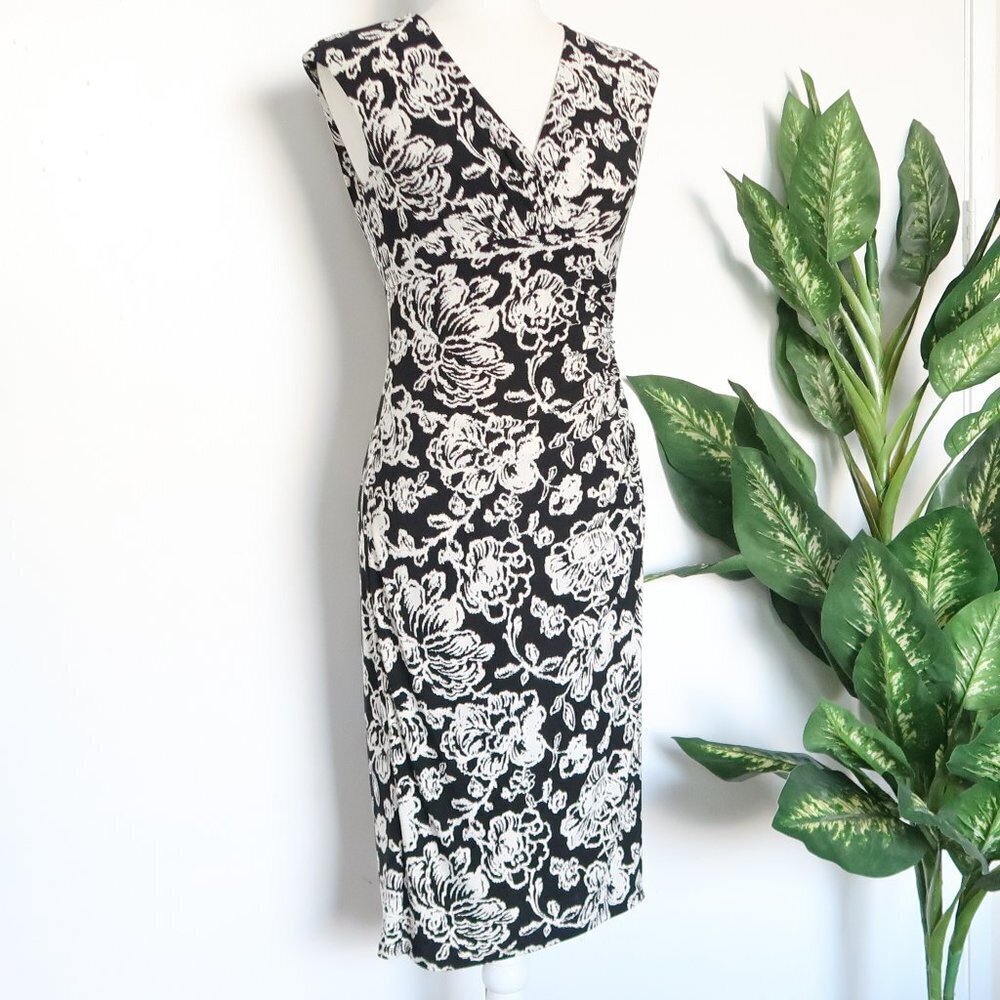 Ralph Lauren Black & White Faux Wrap V-neck Slim Fit Midi Sheath Dress Size 2 - Picture 10 of 10